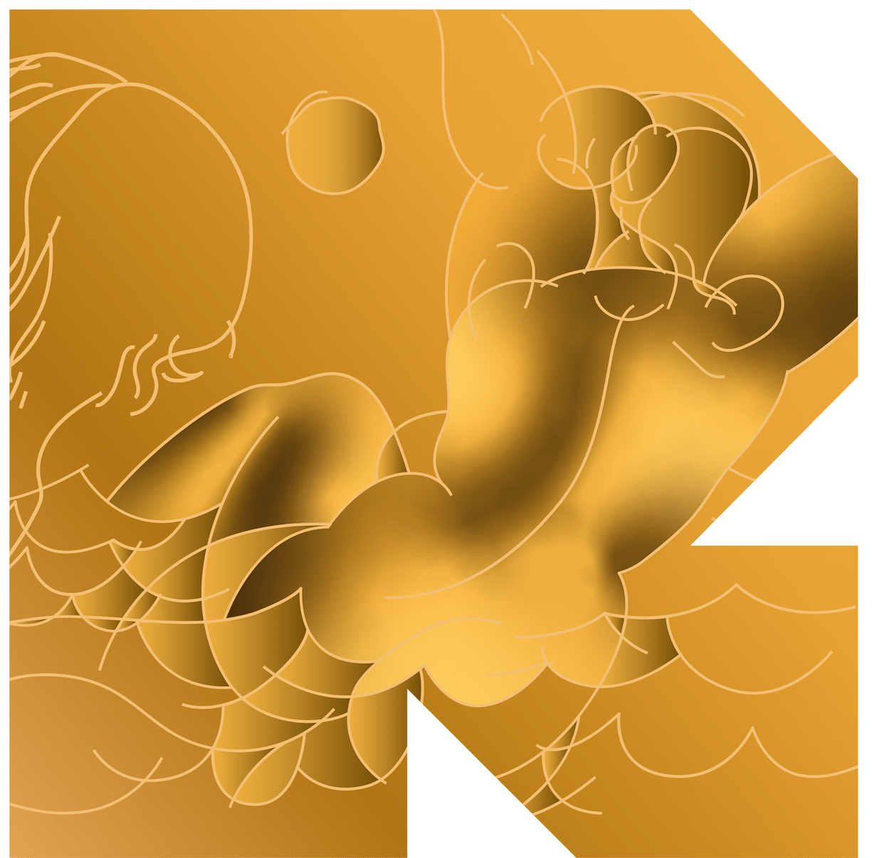 Gold R-shaped medal with a red ribbon, featuring Boriss Bērziņš’s drawing “In the Waves”